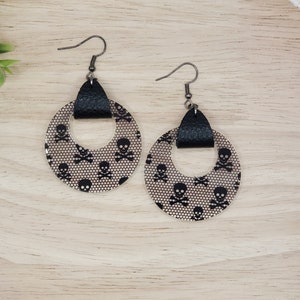 Skulls and Lace Halloween Earrings, Halloween Acrylic and Leather Earrings, Skull Earrings Dangle, Fun Halloween Earrings, Halloween Gift
