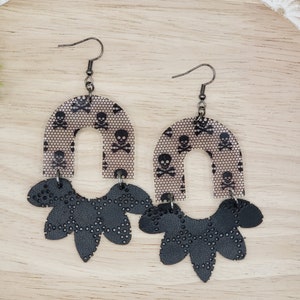 Acrylic and Leather Skulls and Lace Earrings, Halloween Earrings Dangle, Cute Halloween Earrings, Halloween Gift for Her