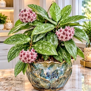 May include: A Hoya plant with variegated green and silver leaves and three clusters of star-shaped pink flowers with dark red centers. The plant is potted in a round, scalloped-edge ceramic planter with a blue, green, and gold metallic glaze.