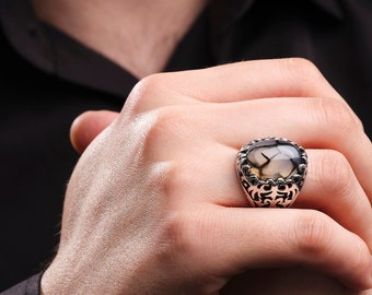 Yémen Agate Gemstone 925k Silver Ring, Silver Mens Ring, Handmade Ring, Fleur de Lis Silver Ring, Men Jewelry, vintage Ring, Gift For Him