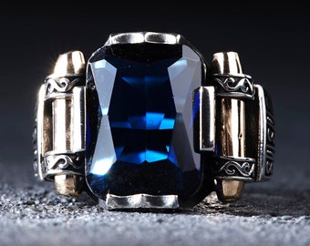 Bague pour homme en argent bleu saphir Zircon Stone, bague en argent en pierre carrée, bague en argent faite à la main, bague en pierre précieuse bleue pour homme, bijoux en argent pour homme