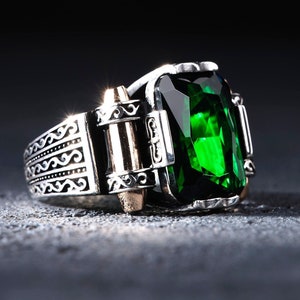 Emerald Green Zircon Stone Men's Ring, Square Stone Silver Ring,silver ...