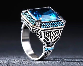 Bague pour homme en argent avec pierre zircon bleu aigue-marine, bague en argent avec pierre carrée, bague en argent faite main, bagues en pierre aigue-marine, bijoux pour homme en argent