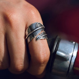 Silver Feather Ring, Sterling Silver Men Jewelry, Freedom Style Feather Ring, Adjustable Bird Feather Accessory, Bird Feather Ring, Men Gift
