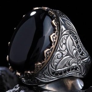 Black Agate Sterling Silver Men&#39;s Ring: Protective Islamic Jewelry