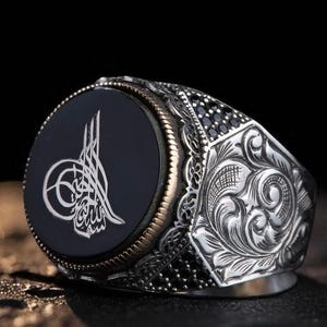 Black Amber Stone Vintage Ottoman Style Ring - Arabic Calligraphy Men&#39;s Ring, 925 Sterling Silver, Islamic Jewelry, Heritage Gift for Him
