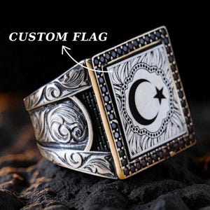 Sterling Silver Custom Flag Signet Ring, Personalized Men&#39;s Jewelry, Personalized Men Flag Signet Ring - Handcrafted National Emblem Jewelry