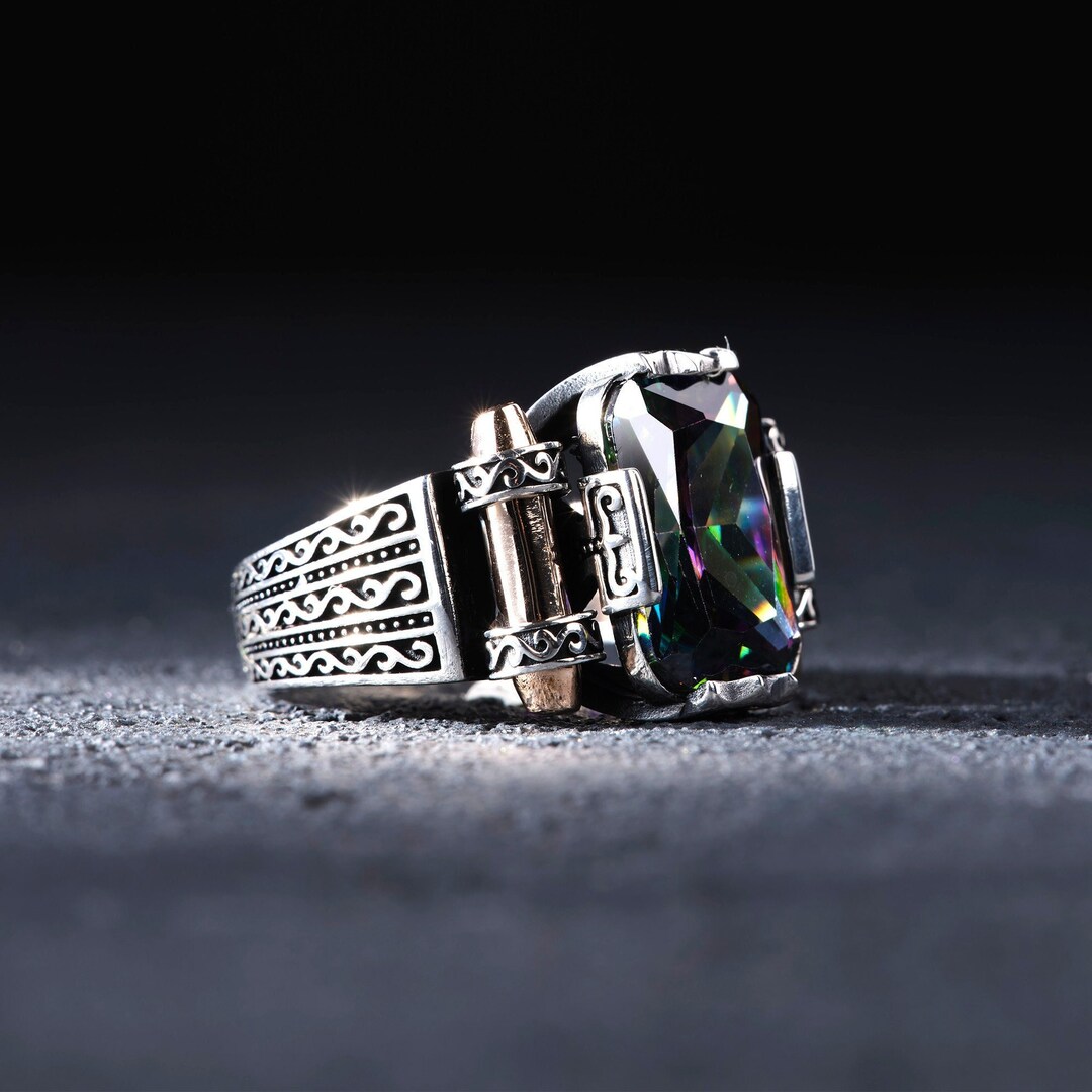 Bague en argent sterling faite main avec topaze mystique : bijoux en pierre carrée pour homme - France