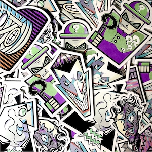 May include: A collection of colorful stickers featuring various comic book characters, including the Joker, Riddler, and Two-Face. The stickers are printed on white paper and have a glossy finish.