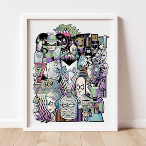 Könnte beinhalten: Eine farbenfrohe und chaotische Illustration mit verschiedenen Charakteren aus dem Batman-Universum. Der Joker, Two-Face, der Riddler und andere Schurken sind in einem Cartoon-Stil dargestellt, mit leuchtenden Farben und kräftigen Linien. Das Bild ist eine lustige und fantasievolle Interpretation der klassischen Batman-Charaktere.