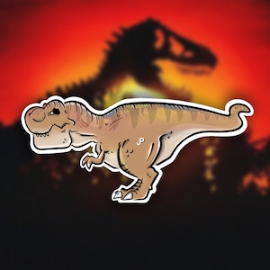 May include: A cartoon illustration of a brown Tyrannosaurus Rex dinosaur with a white outline. The dinosaur is facing left and has a large head with a wide mouth. The dinosaur is standing on a blurry background of a sunset.