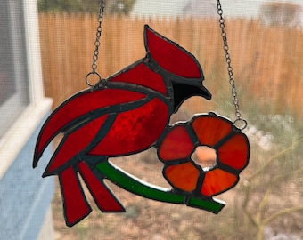 Handcrafted Stained Glass Cardinal with Flower – 7" x 5" Suncatcher