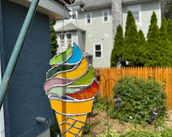 Stained Glass Ice Cream Cone Suncatcher, Window Hanging, Colorful Suncatcher, Colorful Stained Glass, Whimsical Sun Catcher, Glass Window