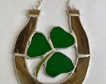 Stained Glass Clover Horseshoe Suncatcher, Window Hanging, Colorful Suncatcher, Colorful Stained Glass, St. Patrick's Day, Glass Window