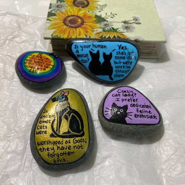 Cat rocks, Unique rocks for cat lovers. Colorful cat themed rocks