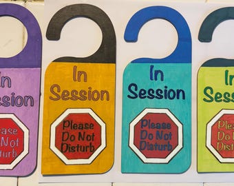 In Session – Please Do Not Disturb” Door Hanger | Hand-Painted Wood Sign | 7" x 3.5