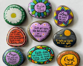 Faith-Inspired Painted Rock Collection – Hand Painted Inspirational River Stones – Christian Scripture Decor – Encouragement Gift –