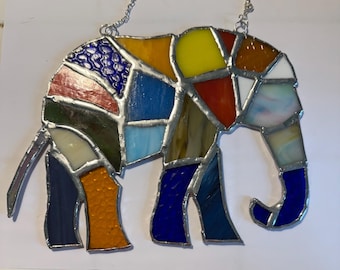 Stained Glass Elephant Suncatcher – Handmade Colorful Elephant Window Hanging, Glass Animal Art
