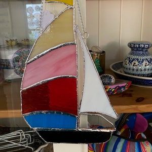 Stained Glass Sailboat Suncatcher, Sailboat, Coastal Suncatcher, Christmas Decoration, Window Dressing, Window Hanging, Colorful Sailboat