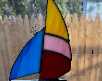 Handmade Stained Glass Sailboat Sun Catcher – Colorful Nautical Window Art