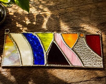 Abstract Rainbow Stained Glass Suncatcher – Modern Jewel Tone Window Panel 3"x7"
