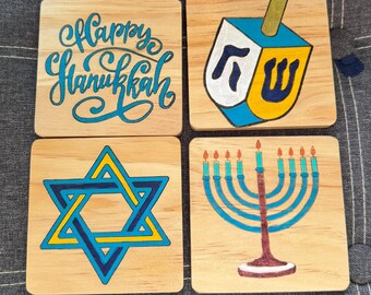 Hanukkah Wooden Coaster Set – Menorah, Dreidel, Star of David & Happy Hanukkah