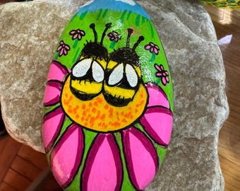 Bee Garden Rock, Whimsical Spring Décor, Hand-Painted, Love, 2 - 3”