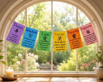 Inspirational Prayer Flag Banner | Zen Meditation Wall Hanging | Peace Wisdom Love Decor | Feng Shui Gift | Colorful Spiritual Banner