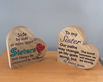 Sister “Love” Wooden Heart, Heart Wood Block, Sister Shelf Sitter, Sister Gift, Sister Keepsake, Thank You Gift for Sister, Housewarming