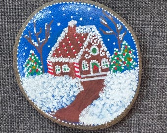 Winter Scene Rock, Gingerbread House Holiday Decor, Hand-Painted, 2 - 3”