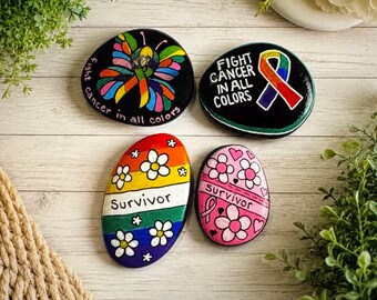 Hand Painted Cancer Awareness Rocks | Survivor Rainbow Ribbon Art, Hope Decor