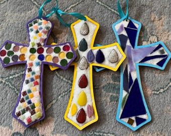 Handcrafted Mosaic Cross – 9” x 6.5” | Unique Glass Art Wall Decor