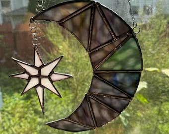 Large Stained Glass Moon and Star Suncatcher