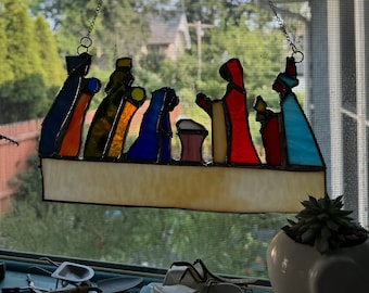 Christmas. Stained Glass Nativity. Mary. Joseph. Jesus.