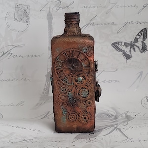 Bottle, Altered Bottle, Mixed Media Bottle, Steampunk, Steampunk Altered Bottle, Steampunk Glass Bottle, Mixed Media, Handmade, Unique, OOAK