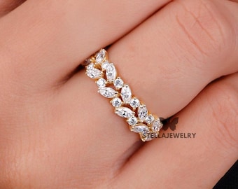 Vintage Art Deco Wedding Band Marquise and Round Moissanite Band Half Eternity Band Stacking Promise Ring For Her 14K Gold Matching Band