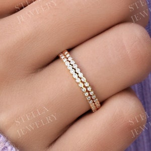 Bezel Set Full Eternity Wedding Band Dainty Ring Set 14K Gold Stacking Ring Set Womens Moissanite Eternity Band Matching Delicate Ring