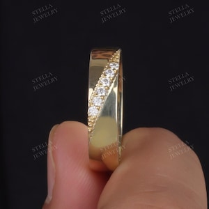 14K Yellow Gold Unique Mens Moissanite Band / Unusual Mens Wedding Band / Solitaire Wide Diamond Wedding Band / Mens Engagement Ring Gift