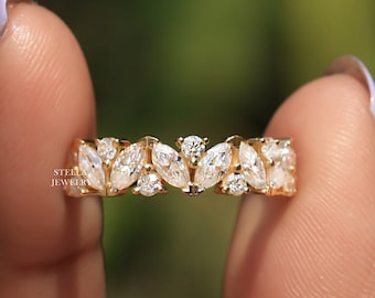 5.5 MM Marquise Moissanite Half Eternity Band Vintage Art Deco Wedding Band 14K Gold Matching Anniversary Band Marquise & Round Cluster Ring