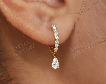 Pear Moissanite Huggie Hoops Tear Drop Earrings 14K Solid Gold Hoops Womens Wedding Earrings Dangle Drop Hoops Earrings  Small Huggies Hoops