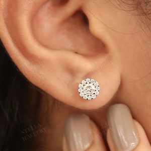 Halo Round Moissanite Stud Earrings Dainty Minimalist Womens Stud 10K Solid Gold Earrings For Her Bridal Round Cut Earrings Floral Earrings