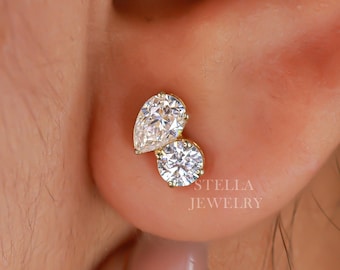 Toi Et Moi Moissanite Earrings Pear Shaped Wedding Earrings Screw Back Earrings Teardrop Stud 14K Gold Diamond Daily Wear Classic Studs