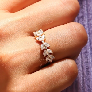 Marquise Moissanite Wedding Band 14K Solid Gold Stacking Ring Moissanite Eternity Band Art Deco Anniversary Band Marquise and Round Band