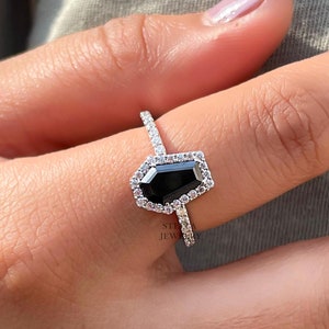 1.50 CT Coffin Cut Black Moissanite Ring Halo Engagement Ring 14K Gold Black Diamond Ring Unique Wedding Ring Half Eternity Pave Set Ring