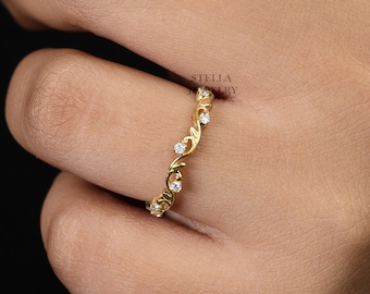 Anillo de boda Art Déco de oro de 14 quilates, anillo de eternidad con moissanita, anillo de boda de estilo vintage, anillo de filigrana antigua, anillo de promesa para ella, anillo apilable.