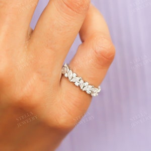 4MM Marquise Moissanite Band Art Deco Wedding Band Vintage Stacking Ring 14K Solid Gold Promise Ring Matching Anniversary Band For Women