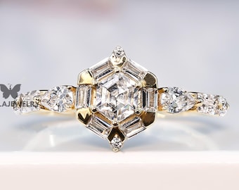 Anillo de compromiso Art Deco con moissanita hexagonal, anillo de bodas geométrico de oro con baguette, anillo de compromiso nupcial vintage de oro, anillo de regalo de aniversario.