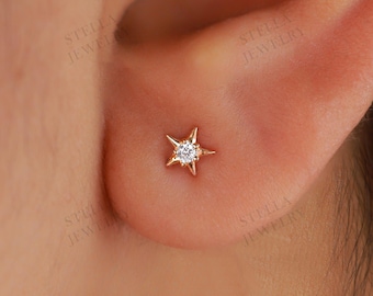 Natural Diamond Diamond North Star Earrings Tiny Star Cartilage Earring Celestial Earring Helix Stud Tragus Conch Earring Flat Back Earring