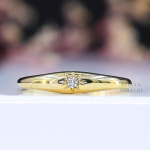 Diamond Starburst Pinky Ring, 14k Solid Gold Small Signet Ring, Womens Stacking Ring, Tiny Diamond Celestial Ring, Dainty Real Gold Ring Her