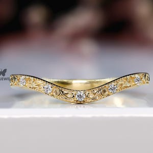 Moissanite gebogener Ehering Art-Deco-14k Solid Gold Vintage gemusterte Wishbone Ring Floral stapelbar Versprechen Band Geschenk für sie